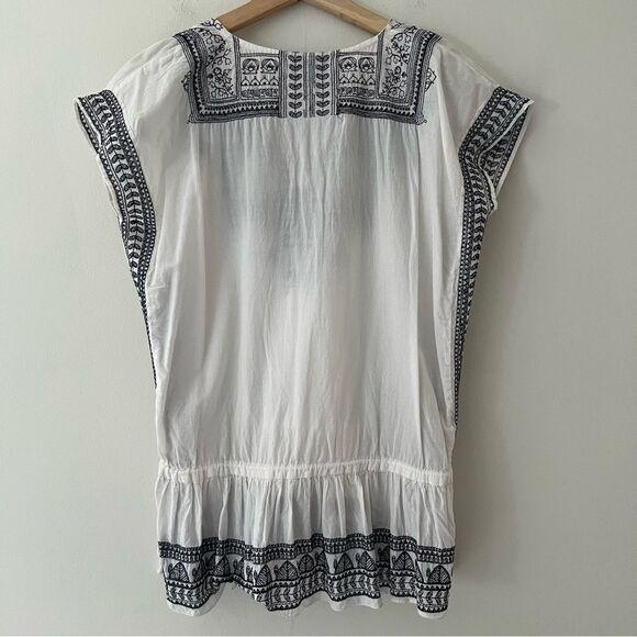 World Market Peasant Top Embroidered Blouse White Navy Size Small Boho Beach - Picture 4 of 9